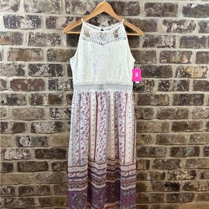 iZ byer girl Floral Lace Boho Maxi Dress - Cream & Pink w/ gold flecks Girls 14